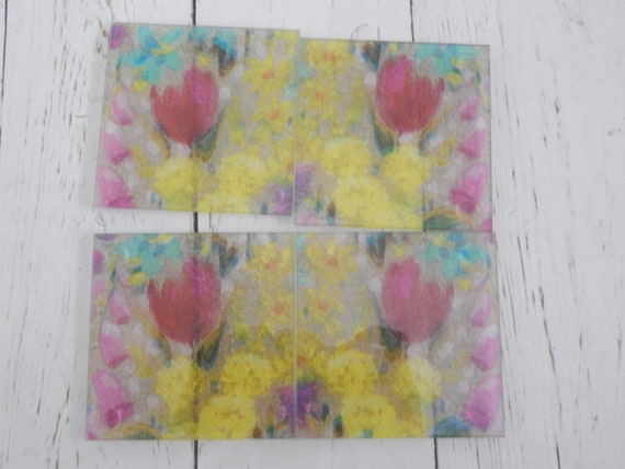 Square glass floral print coasters, decoupage decor, table accessories