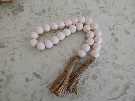 Light pink wood bead garland with double jute tassel, jewelry for the home, farmhouse beads, shabby chic pink