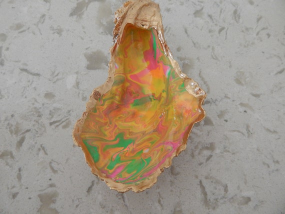 READY TO SHIP Decorative oyster shell ring dish, multi colored oyster shell, home decor, liquid pour paint art