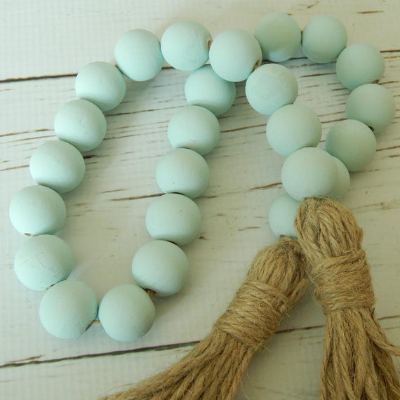 Blue wood bead garland with jute tassels, boho home decor, jewelry for the home, rustic bead garland, farmhouse beads