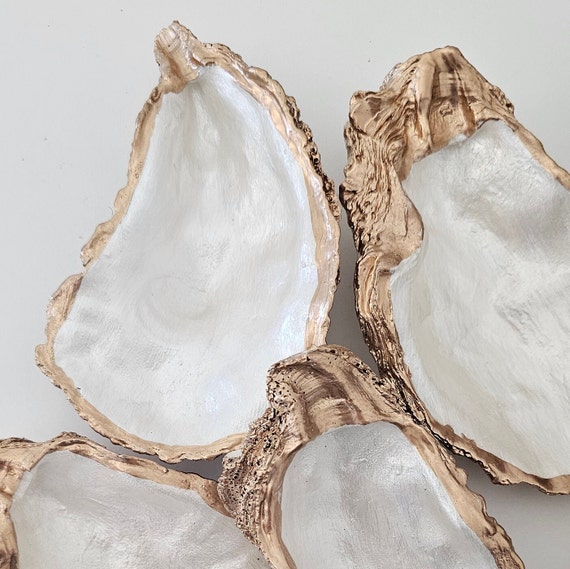 READY TO SHIP Decorative oyster shell ring dish, white and gold oyster shell, home decor, coastal wedding