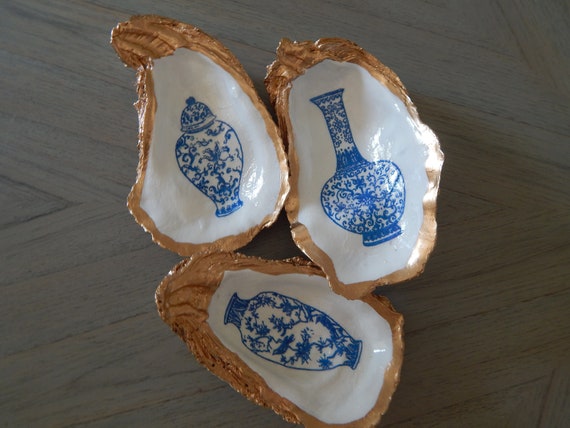 READY TO SHIP Decorative oyster shell ring dish, decoupage shell decor, chinoiserie jars