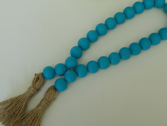 Peacock blue wood bead garland, jute tassels, boho home decor, farmhouse beads