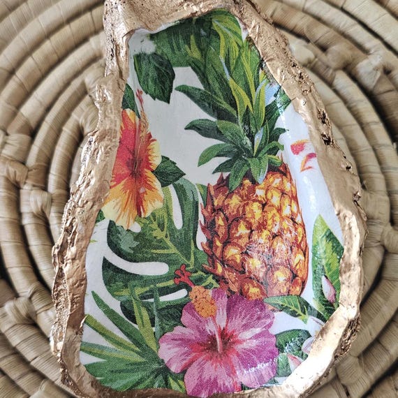 READY TO SHIP Decorative oyster shell, trinket shell dish, pineapple tropical design