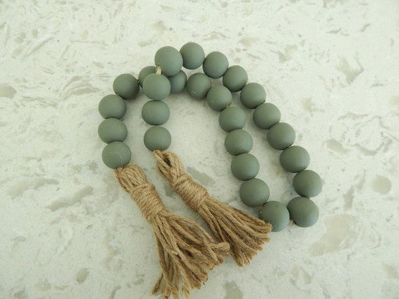 Army green wood bead garland with jute tassels, boho home decor, jewelry for the home, rustic bead garland, farmhouse beads