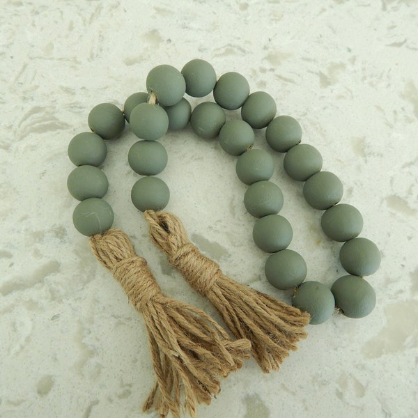Army green wood bead garland with jute tassels, boho home decor, jewelry for the home, rustic bead garland, farmhouse beads