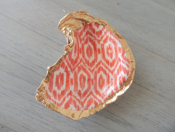 READY TO SHIP Decorative oyster shell ring dish, decoupage shell decor, orange ikat