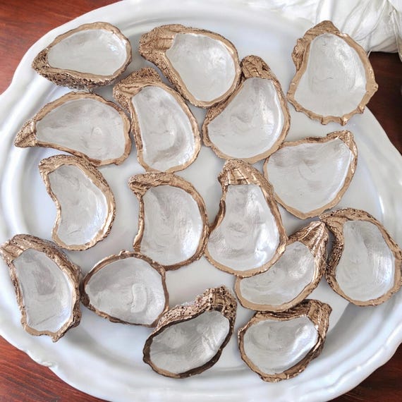 READY TO SHIP Decorative oyster shell ring dish, white and gold oyster shell, home decor, coastal wedding