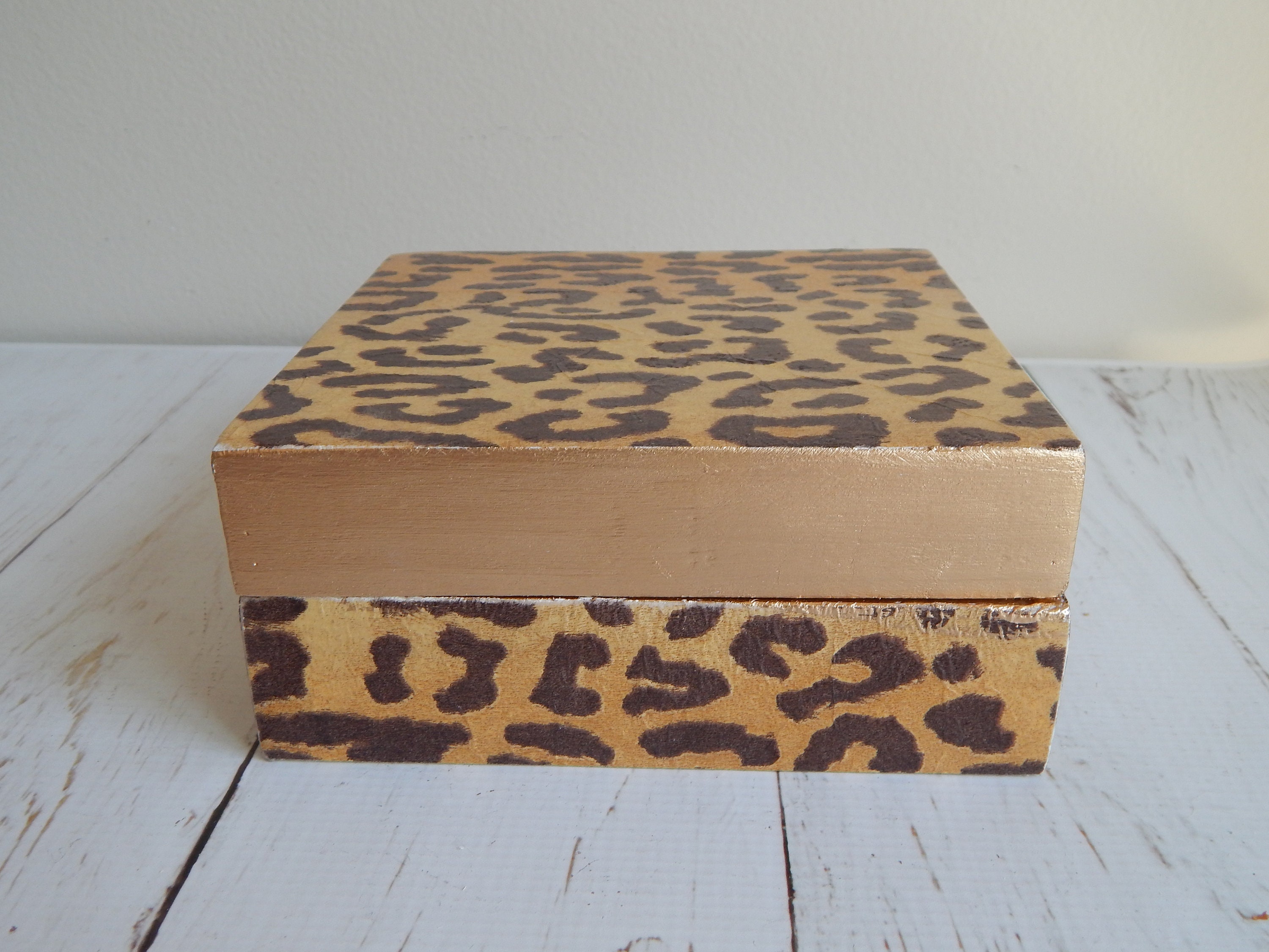 Leopard square wooden jewelry box, decoupage box, home decor, coastal decor