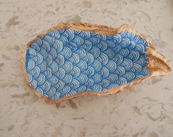 READY TO SHIP Giant decorative oyster shell ring dish with blue waves, decoupage shell decor