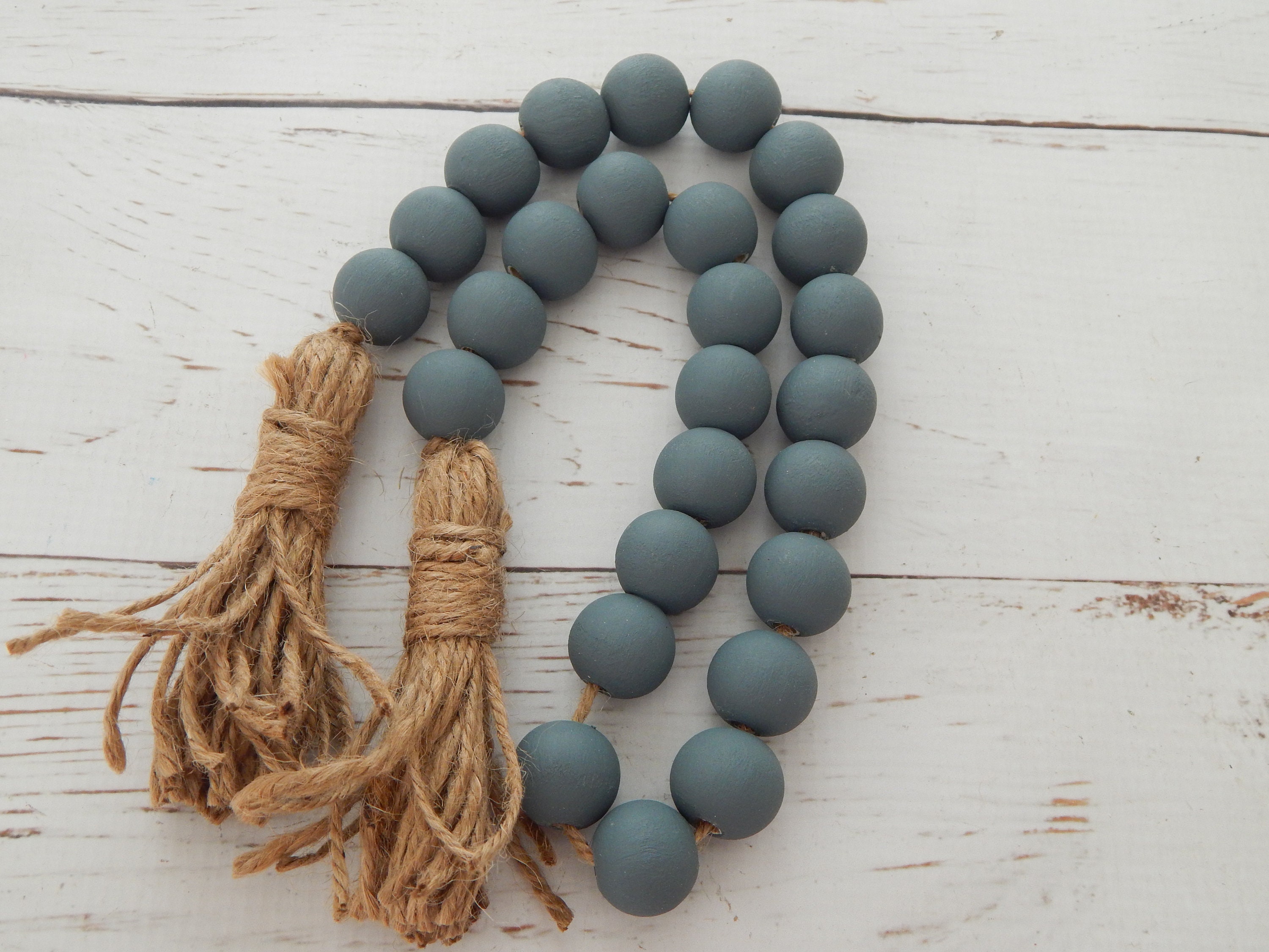 Blue gray wood bead garland with jute tassels, boho home decor, jewelry for  the home, rustic bead garland, farmhouse beads