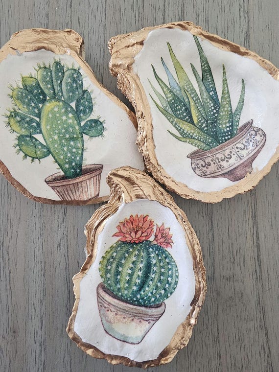 READY TO SHIP Decorative oyster shell ring dish with cactus, decoupage shell decor