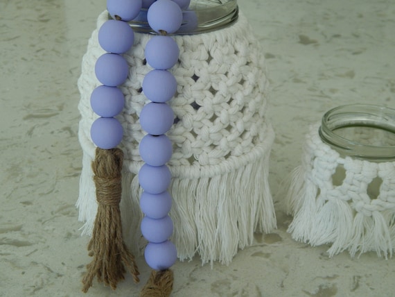 Lucky lavender wood bead garland with jute tassels, boho home decor, jewelry for the home, rustic bead garland, farmhouse beads