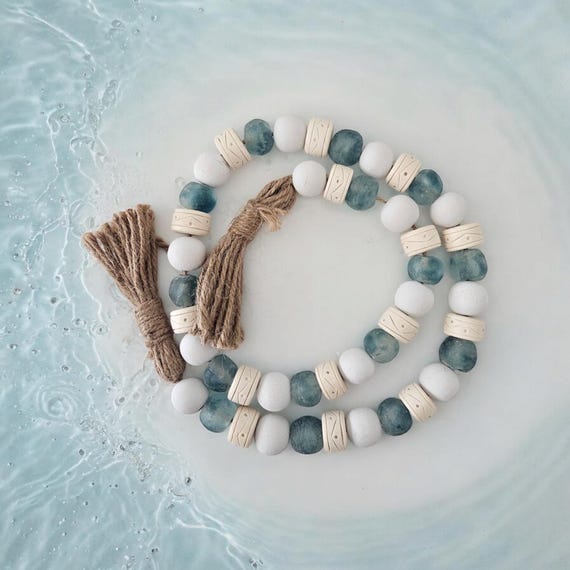 Wood bead garland with recycled seaglass, boho decor, jute tassels, beach boho, jewelry for your home, beach house