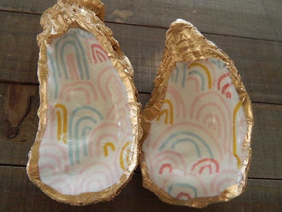 READY TO SHIP Decorative oyster shell ring dish, decoupage shell decor, pastel rainbow