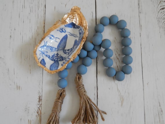 Farmhouse blue wood bead garland with jute tassels, boho home decor, jewelry for the home, rustic bead garland, farmhouse beads