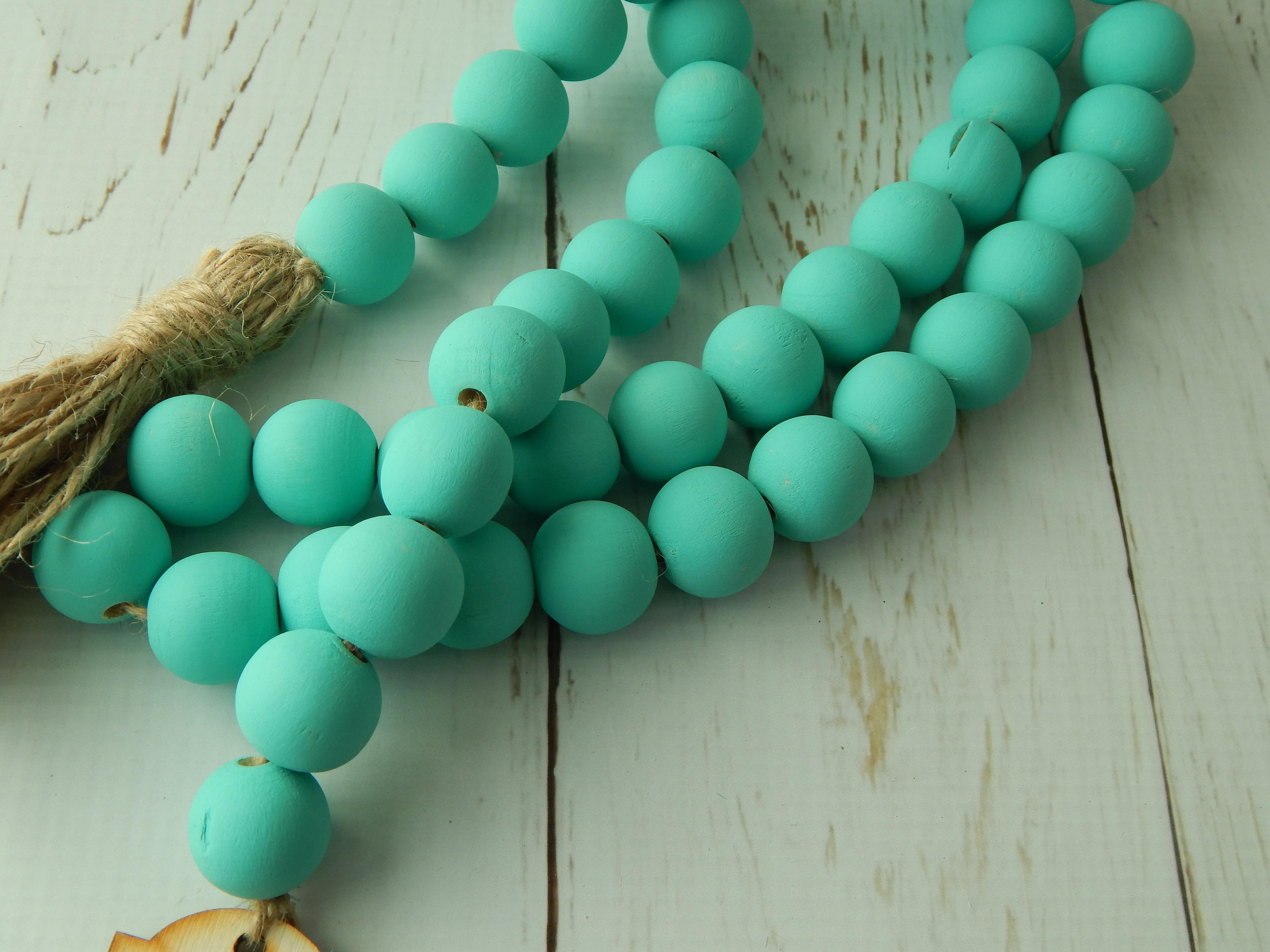 Vintage green wood bead garland with wood tag and jute tassel, jewelry