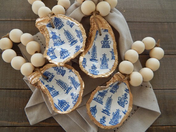 READY TO SHIP Oyster shell napkin rings, natural wood, coastal chic table decor, chinoiserie decor