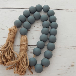 Blue gray wood bead garland with jute tassels, boho home decor, jewelry for the home, rustic bead garland, farmhouse beads