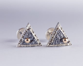 Simple triangle earrings, small silver studs, tiny studs with gold detail, textured silver and gold dot earrings