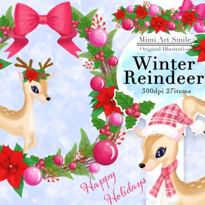 Reindeer clipart, winter, poinsettia, holly, decoration, check hat,  Christmas wreath,  illumination, png file, digital illustration, cute
