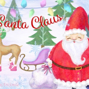 Santa Claus clipart, Santa clip art, Christmas, PNG, Christmas Party, Holiday, reindeer, sleight, snow, tree, cute, Pretty, hand drawing