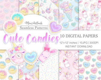 Cute Candies Digital Paper, Kawaii Candy Seamless Pattern, Ice cream Sweets Sundae ice bar Cookie Candy hearts Donut Unicorn Bunny Pink Blue