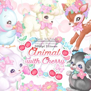 Tier mit Kirsche Clipart, süße ClipArt, Kawaii Tiere Band Hart Schaf Hund Vogel Kaninchen Bambi digitaler Aufkleber hübsche PNG Handzeichnung