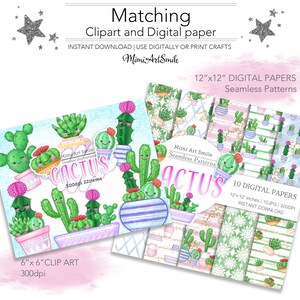 May include: A set of 10 digital papers and 22 clipart images featuring cute cactus illustrations in various colors and patterns. The digital papers are 12 inches by 12 inches and 300 DPI. The clipart images are 6 inches by 6 inches and 300 DPI. The text "Cactus" is featured in the image.