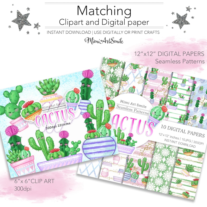 May include: A set of 10 digital papers and 22 clipart images featuring cute cactus illustrations in various colors and patterns. The digital papers are 12 inches by 12 inches and 300 DPI. The clipart images are 6 inches by 6 inches and 300 DPI. The text "Cactus" is featured in the image.
