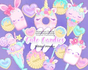 Cute Candies Clipart, Kawaii Candy Clip Art, Ice cream Sweets Sundae ice bar Cookie Candy hearts Donut Unicorn Bunny Pink Blue Green Purple