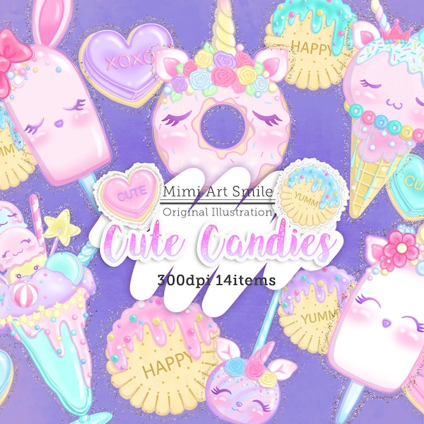 Cute Candies Clipart, Kawaii Candy Clip Art, Ice cream Sweets Sundae ice bar Cookie Candy hearts Donut Unicorn Bunny Pink Blue Green Purple