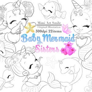 Sello digital de Baby Mermaid Sisters, sellos en blanco y negro, imágenes prediseñadas, chicas lindas, sirena, unicornio, delfín, estrella de mar, caballito de mar, tortuga, medusa