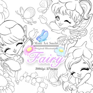 Cute Fairy Digital Stamp, Black White stamps, Cute Fairies Clipart, Kawaii Flower,Flowers PNG Butterfly Leaf Magic Girl handdrawing