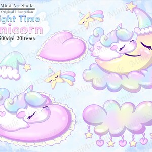 May include: A set of 20 digital illustrations featuring a unicorn sleeping on a crescent moon, a heart, and a cloud. The illustrations are in a pastel color palette with iridescent accents. The text "Night Time Unicorn" is included in the image.