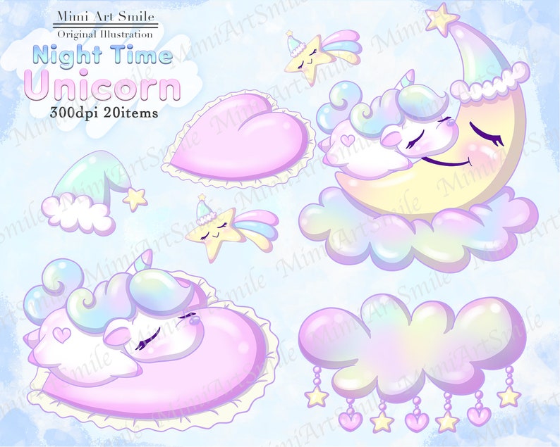 May include: A set of 20 digital illustrations featuring a unicorn sleeping on a crescent moon, a heart, and a cloud. The illustrations are in a pastel color palette with iridescent accents. The text "Night Time Unicorn" is included in the image.