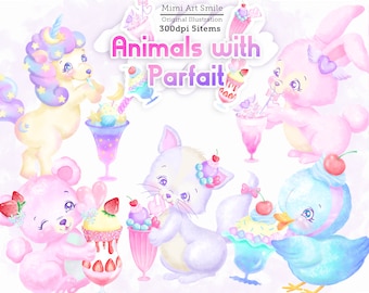 Animales con Parfait Clipart / Acuarela, Dulces, Sundae, Lindo clip art de animales, Conejo, Oso, Unicornio, Gatito, Gato, Pájaro, Fruta, Comida, bebida