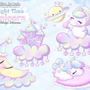 May include: A set of 20 digital illustrations featuring a pastel-colored unicorn, a crescent moon, a castle, and stars. The illustrations are perfect for creating whimsical designs for children's products.