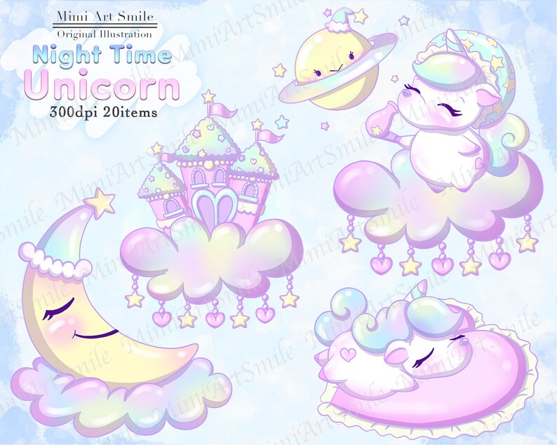 May include: A set of 20 digital illustrations featuring a pastel-colored unicorn, a crescent moon, a castle, and stars. The illustrations are perfect for creating whimsical designs for children's products.