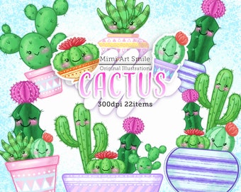 Cactus clipart, Cute Plant Clip Art, Flower pot, Planter, Desert Cactus,Printable Images, Cacti Graphics Set, Kawaii Smile Planner PNG Cacti