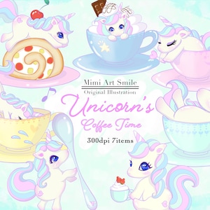 Unicorn coffee cup Clipart,Unicorn tea cup clip art,Roll cake Strawberry Cherry Chocolate,Cute Digital Downloadable Planner sticker Kawaii
