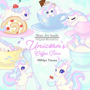 Unicorn coffee cup Clipart,Unicorn tea cup clip art,Roll cake Strawberry Cherry Chocolate,Cute Digital Downloadable Planner sticker Kawaii