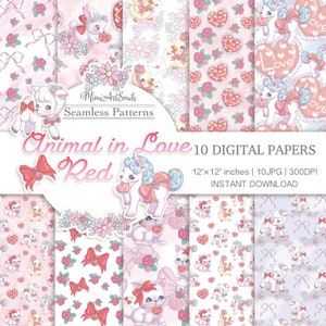 Animal in Love Red Digital Paper set, Cute animals, Valentine&#39;s Day Kawaii ribbon Hart Pillow Unicorn Sheep Cat Chick Rabbit pretty JPG