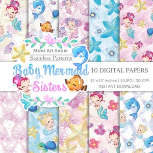 Baby Mermaid Sisters Digital Paper,Cute Unicorn Girl,Planner sticker Fish Turtle Dolphin Starfish Seahorse  Pretty Summer  Seamless Pattern