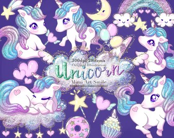 Cute Glitter Unicorn Clipart Set,Rainbow Unicorns Clip art Digital Planner sticker Cupcake Donut Ribbon Star Kawaii Moon Balloon font PNG
