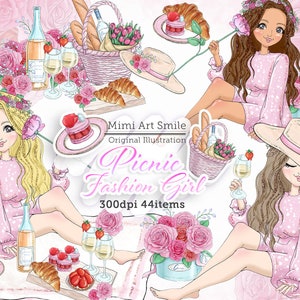 Picnic Fashion Girl Clipart, Lady Woman Clip Art,  Picnic Basket, Watercolor Clipart, Planner Girl, Macron Croissant Rose Wine Glass  PNG