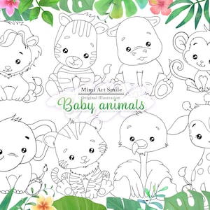 Dschungel Safari Baby Tiere Digitaler Stempel, Tier Clipart, Färbung, Giraffe, Affe, Elefant, Löwe, Nilpferd, Zebra, Flamingo, Tiger, tropisch