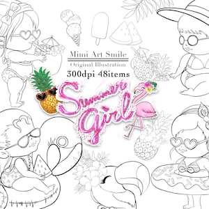 Summer Girl Digital Stamp ,Black and White Stamps, Clipart, Beach,Cute Girls, Swimwear Flamingo Ice cream Toucan Hibiscus Pineapple