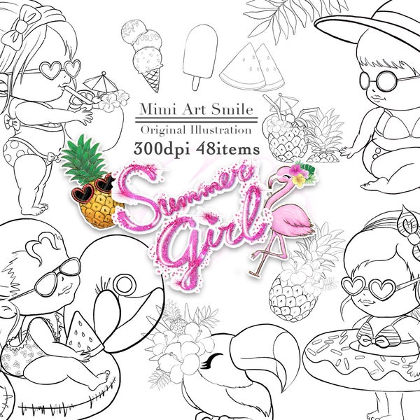 Summer Girl Digital Stamp ,Black and White Stamps, Clipart, Beach,Cute Girls, Swimwear Flamingo Ice cream Toucan Hibiscus Pineapple