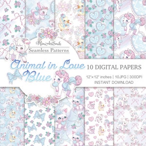 Animal in Love Blue Digital Paper set, Cute animals, Valentine&#39;s Day Kawaii ribbon Hart Pillow Unicorn Sheep Cat Chick Rabbit pretty JPG